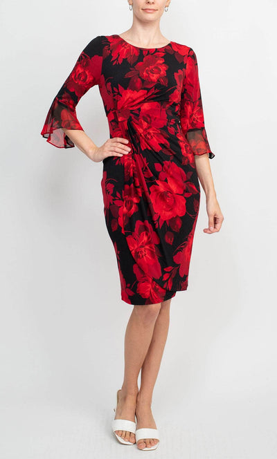 Connected Apparel TEZ57985 - Floral Printed Midi Sheath Dress Special Occasion Dress 4 / Red