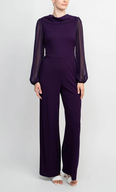 Connected Apparel TJE48312M1 - Sheer Bell Sleeve Jumpsuit Formal Pantsuits 10 / Eggplant
