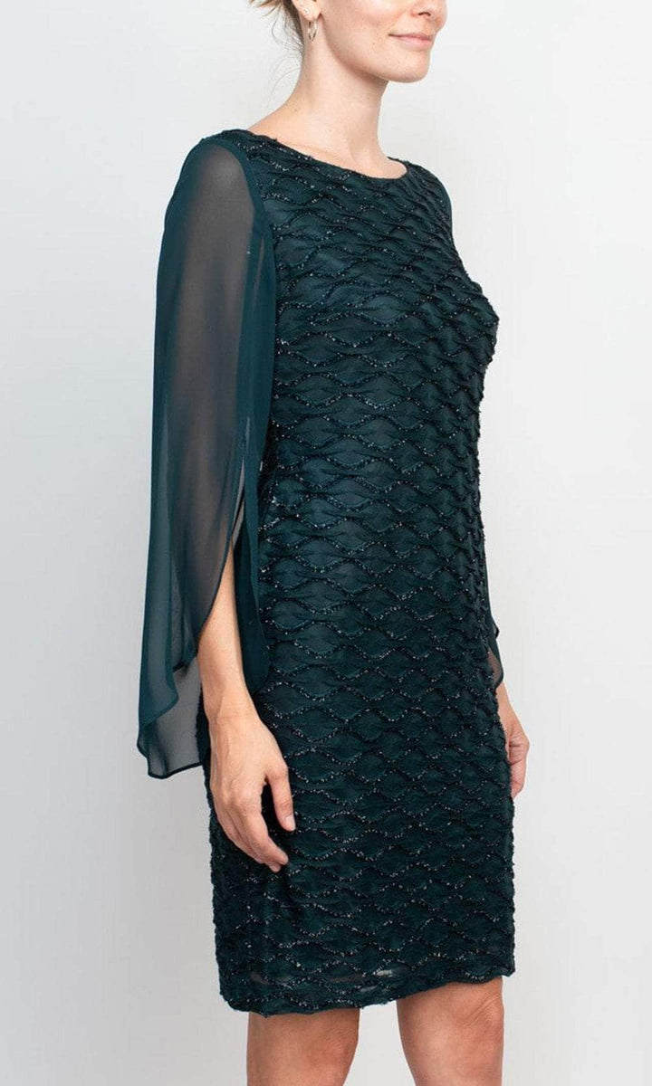 Connected Apparel TKH40606M1 - Knee-Length Chiffon Sheath Dress - Beaded Lattice, Cape-Style Long Sleeve, Full Back, Fitted ADASA Connected Apparel TKH40606M1 - Knee-Length Chiffon Sheath Dress - Beaded Lattice, Cape-Style Long Sleeve, Full Back, Fitted ADASA