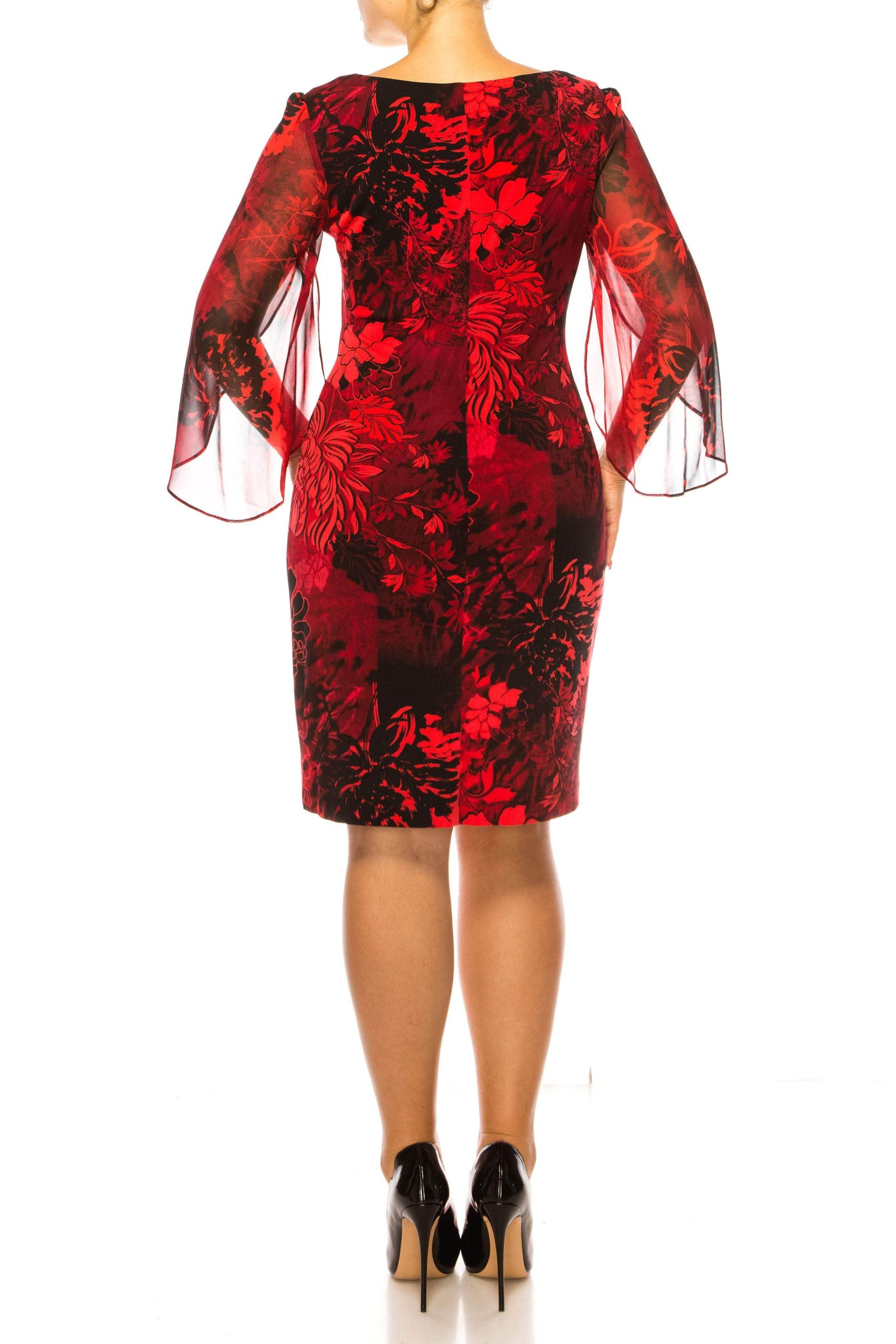 Connected Apparel Women Connected Apparel Split Chiffon Sleeve Floral Shift Dress 4 Red