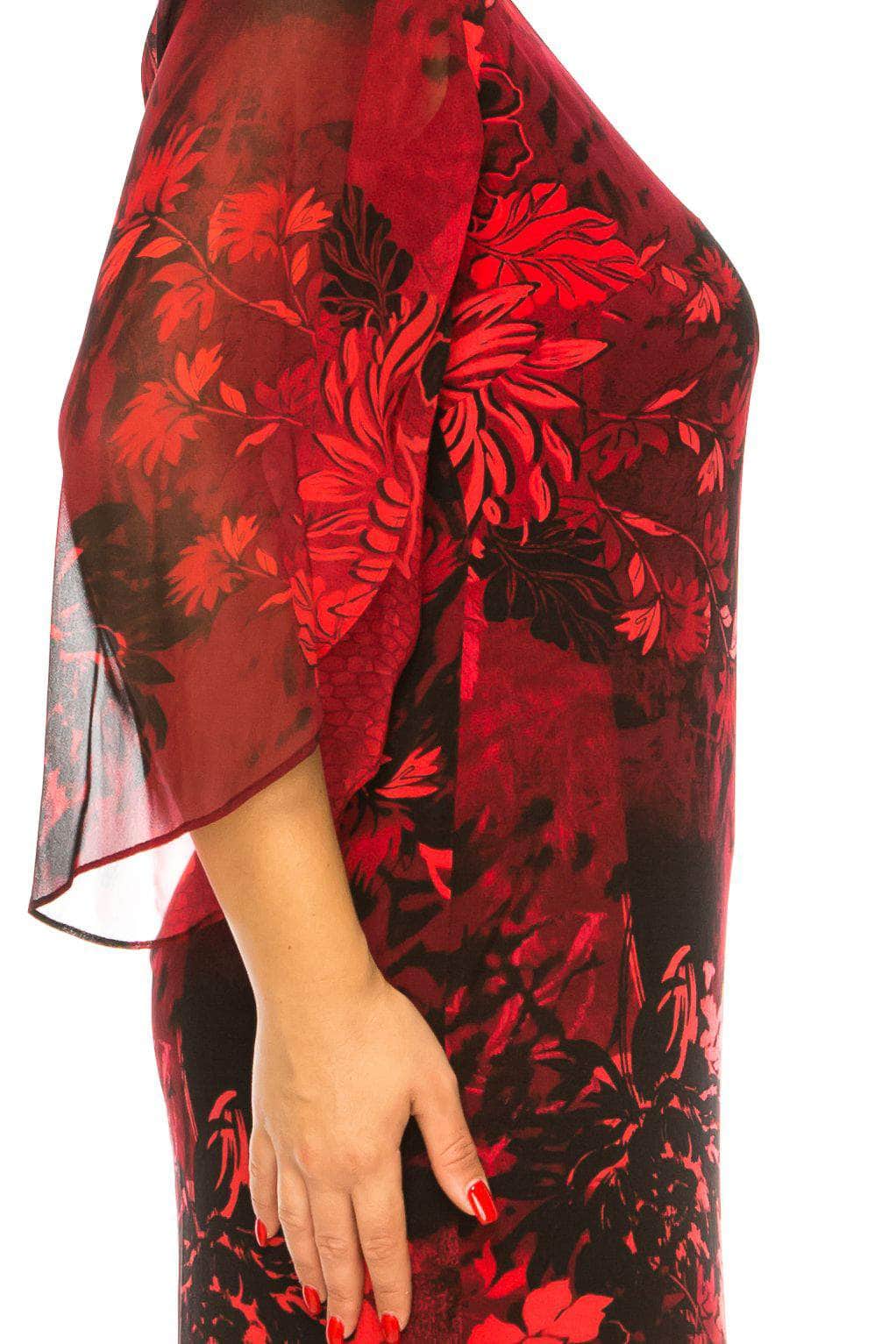 Connected Apparel Women's 3/4 Sleeve Floral Print Bell Sleeve Sheath Dress, Red Connected Apparel Women's 3/4 Sleeve Floral Print Bell Sleeve Sheath Dress, Red
