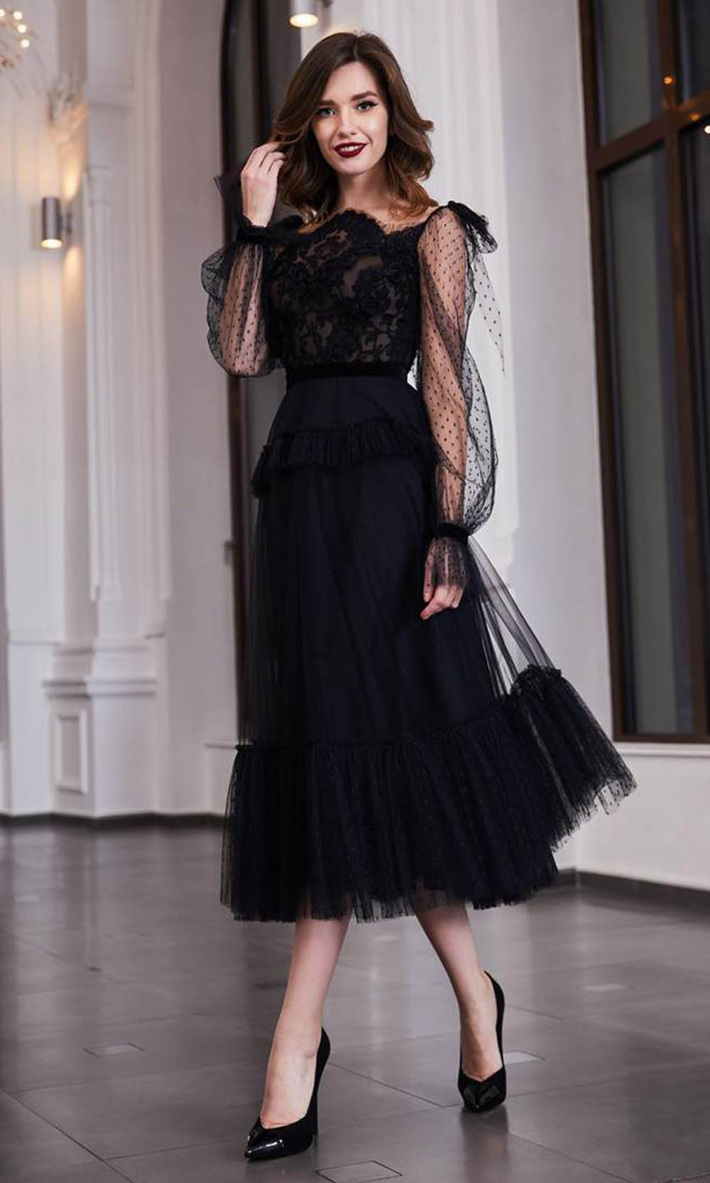 Cristallini - Embroidered Asymmetric A-Line Dress SKA935 - 1 pc Black In Size 2XL Available CCSALE 2XL / Black