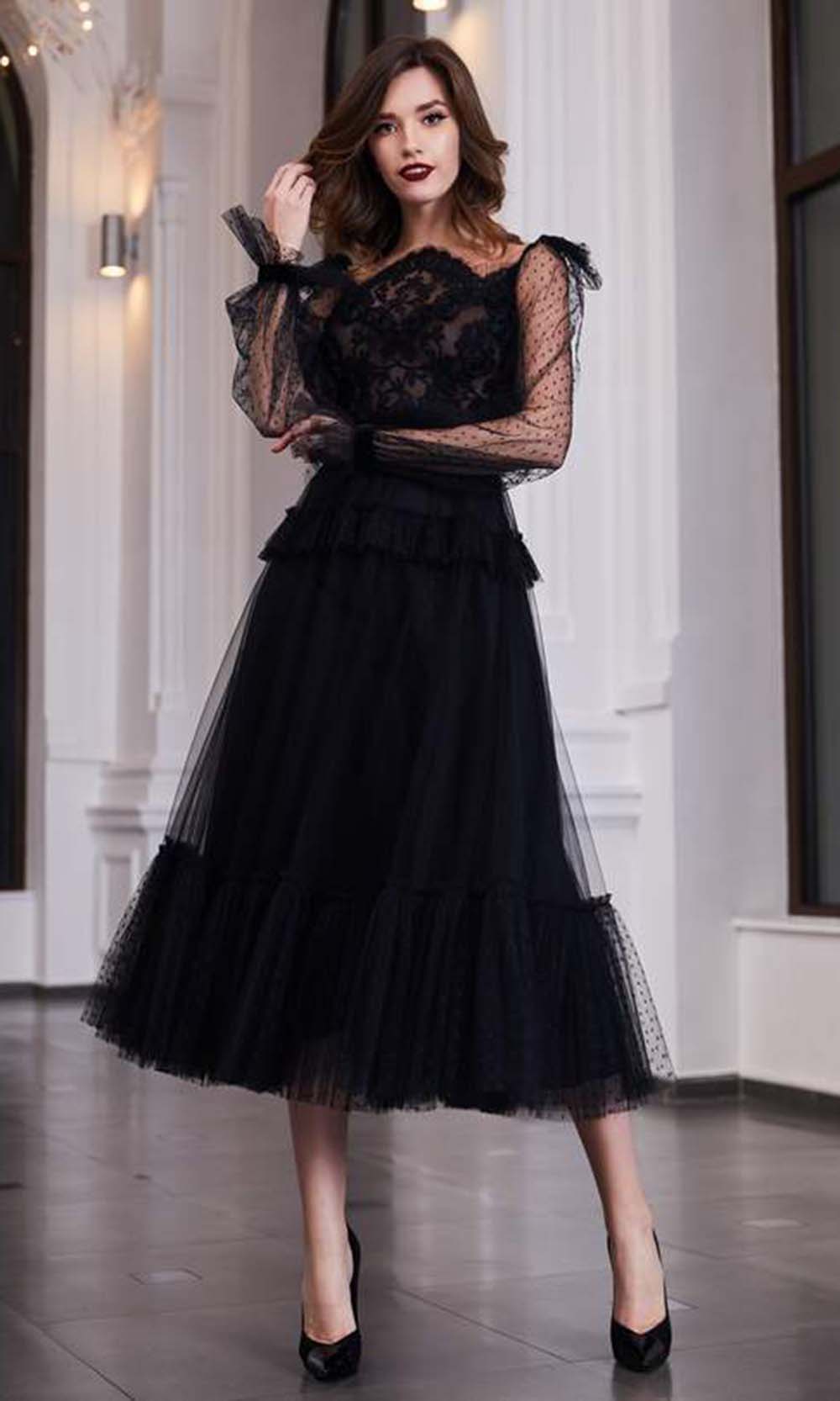 Cristallini - Embroidered Asymmetric A-Line Dress SKA935 - 1 pc Black In Size 2XL Available CCSALE 2XL / Black