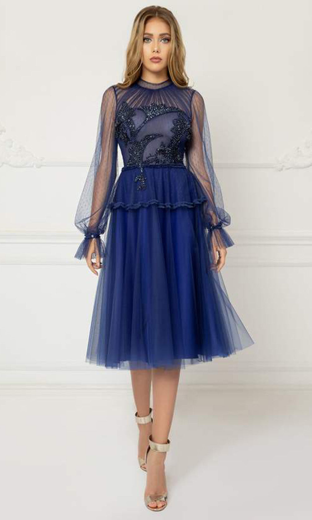 Cristallini - Knee Length Sequin Appliqued High Neck Dress  In Blue