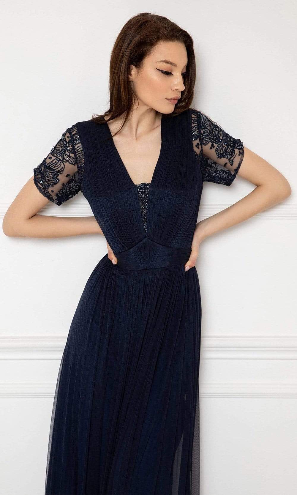Cristallini - V-Neck Embellished A-Line Gown SKA991SC In Blue