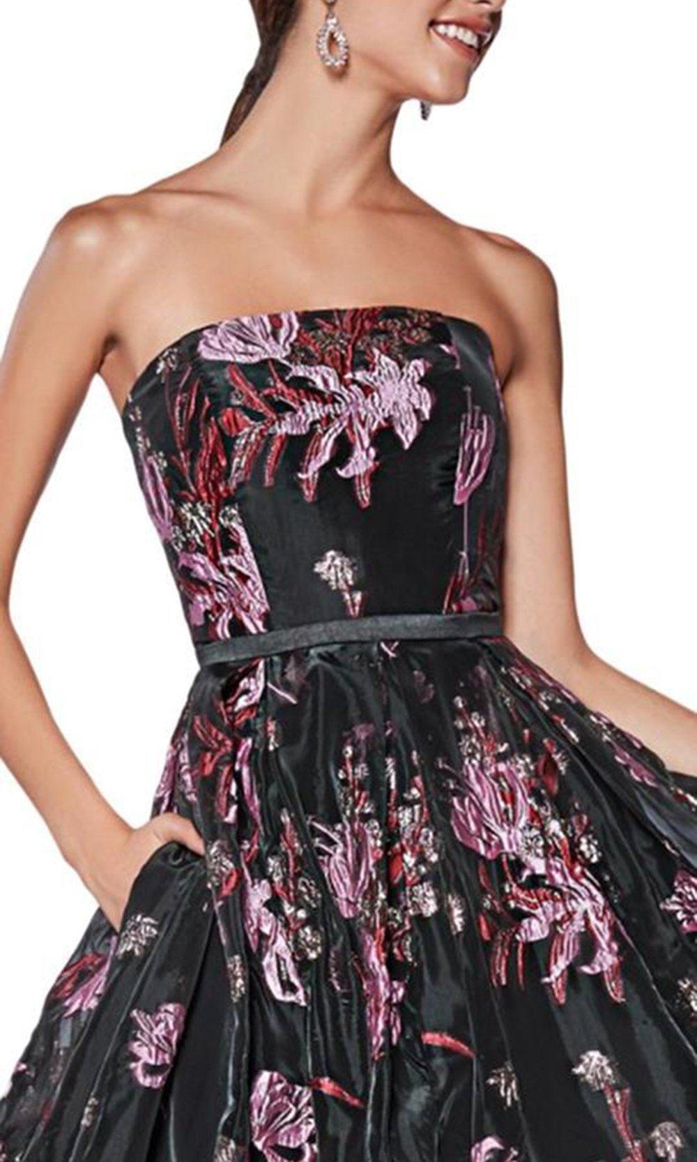 Cinderella Divine - Tube Top Floral Garden A-Line Evening Gown CS031SC In Black and Floral
