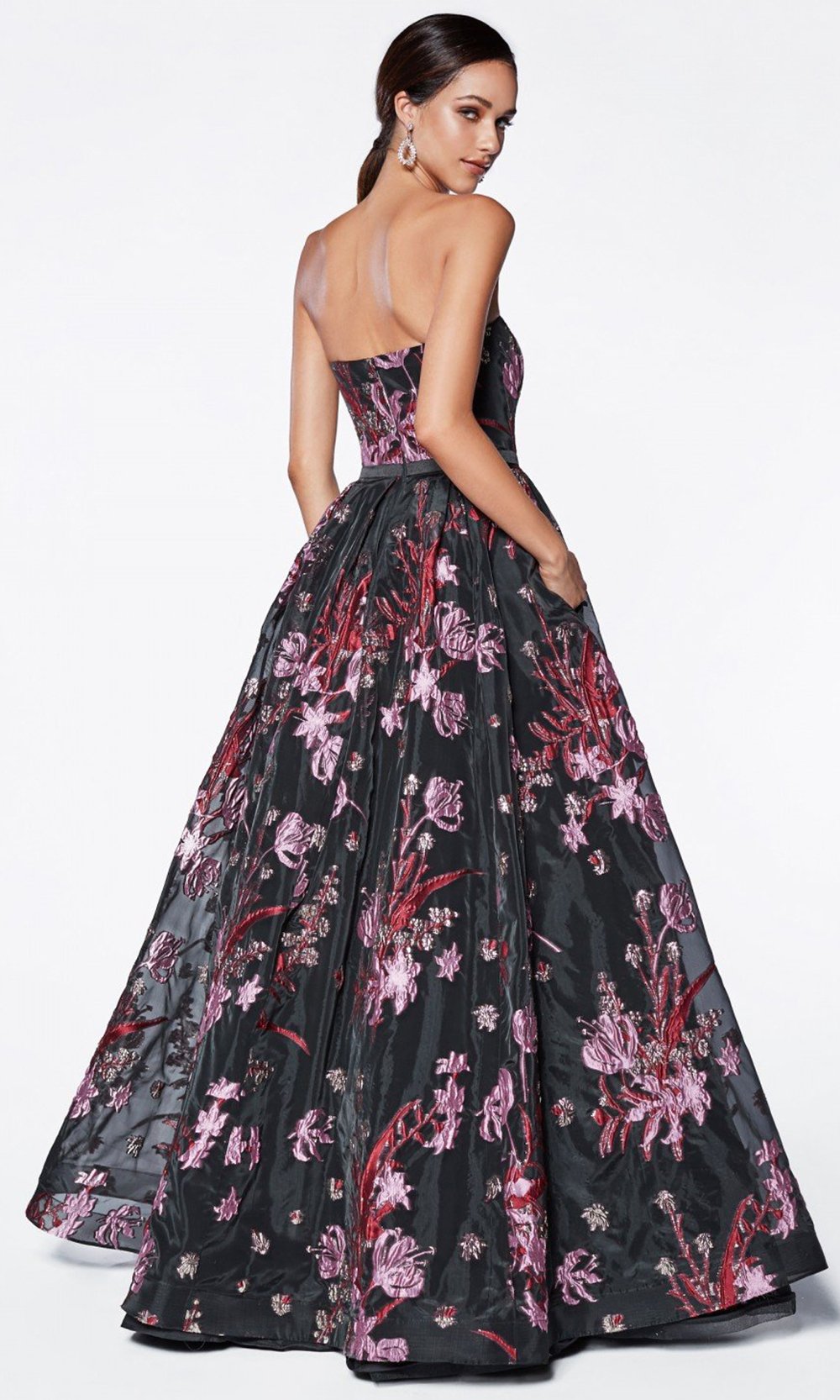 Cinderella Divine - Tube Top Floral Garden A-Line Evening Gown CS031SC In Black and Floral