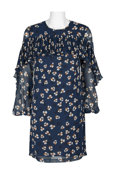Donna Morgan - D5513M Ruffle Long Sleeves Printed Chiffon Shift Dress In Blue and Multi-Color