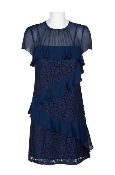Donna Morgan - D5578M Floral Lace Ruffled Sheath Dress In Blue