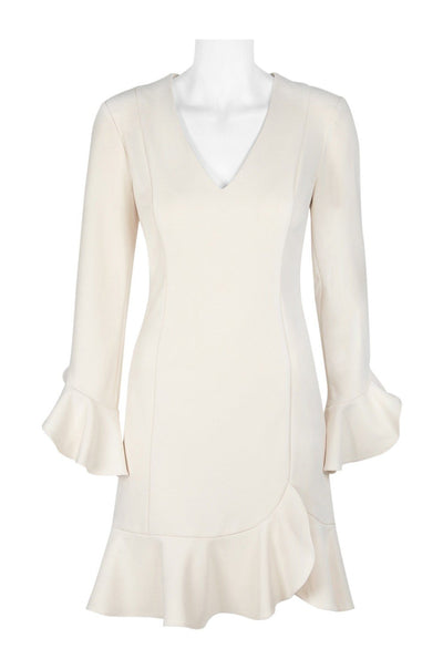 Donna Morgan - D5589MXD Flounce Sleeve V-neck A-line Dress In White
