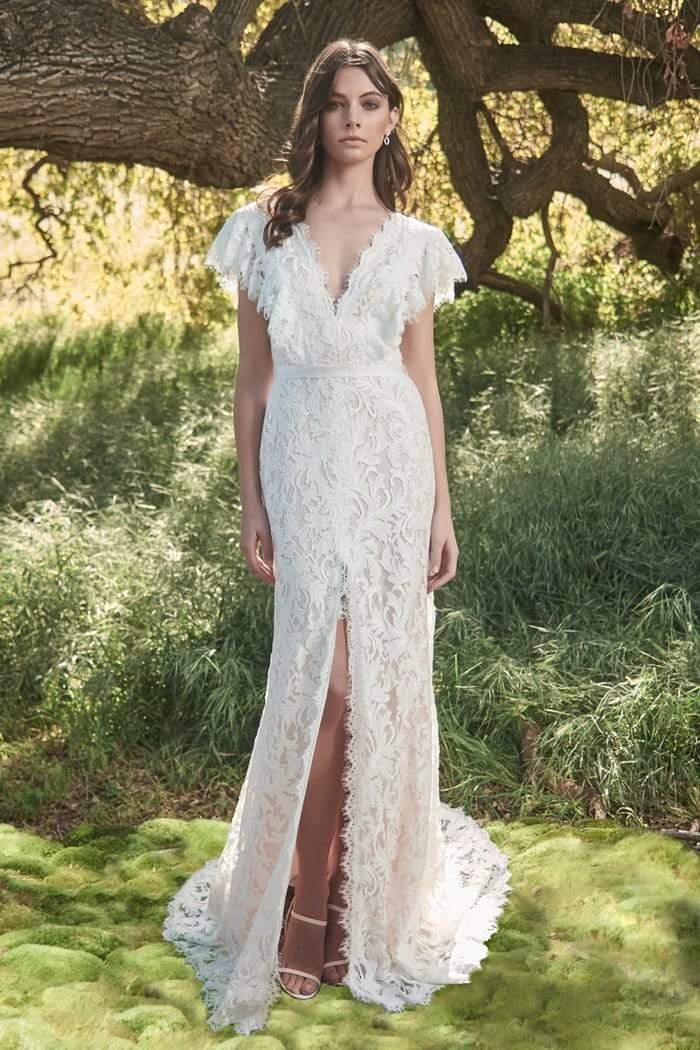Tadashi Shoji - Flutter Sleeve High Slit Lace Trumpet Gown Wedding Dresses 0 / Ivory/Petal