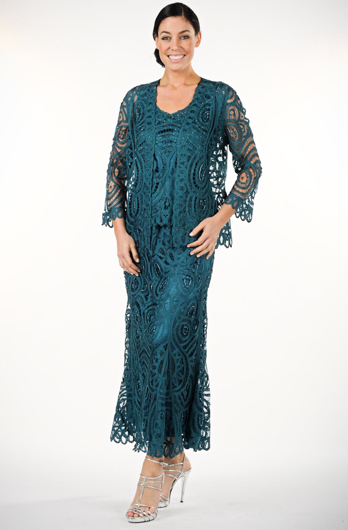 Soulmates - Three Piece Paisley Jacket Evening Dress In Green
