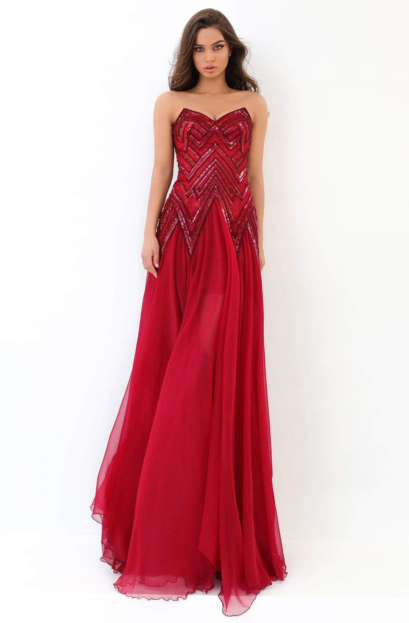 Tarik Ediz - 93845 Sequined V-neck A-line Dress Evening Dresses 0 / Red