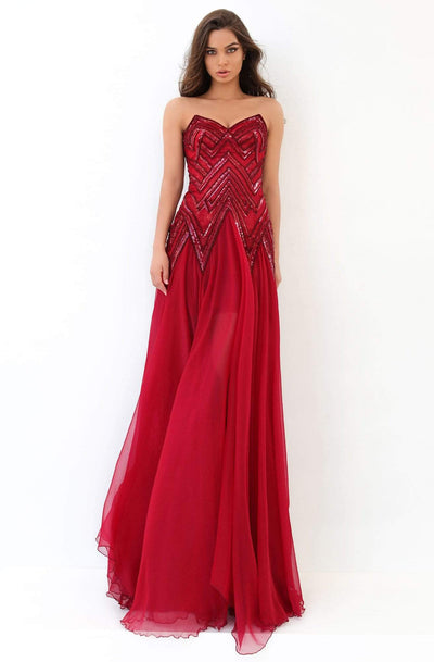 Tarik Ediz - 93845 Sequined V-neck A-line Dress Evening Dresses 0 / Red