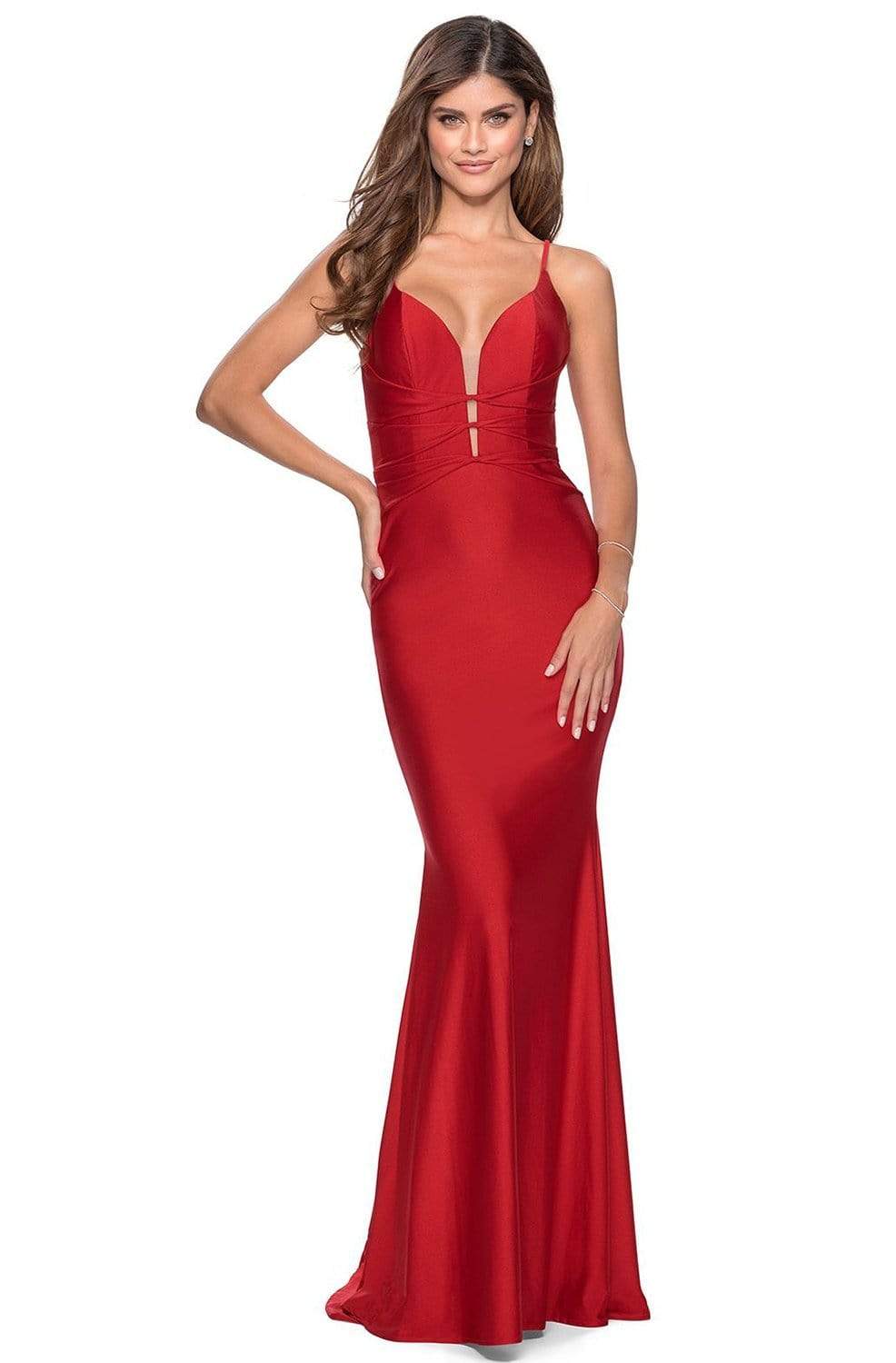La Femme - Strappy Plunging V-neck Jersey Trumpet Dress 28574SC - 2 pc Red In Size 10 Available CCSALE 10 / Red