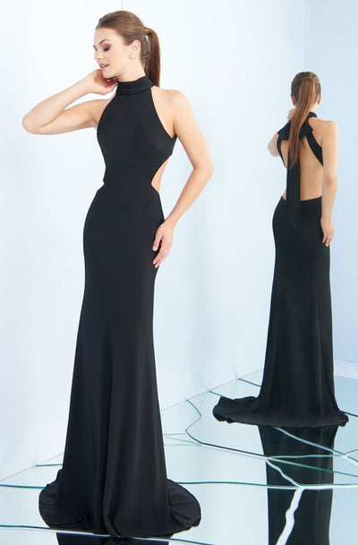 Ieena Duggal - 25403I Ribbon Accented High Halter Gown in Black