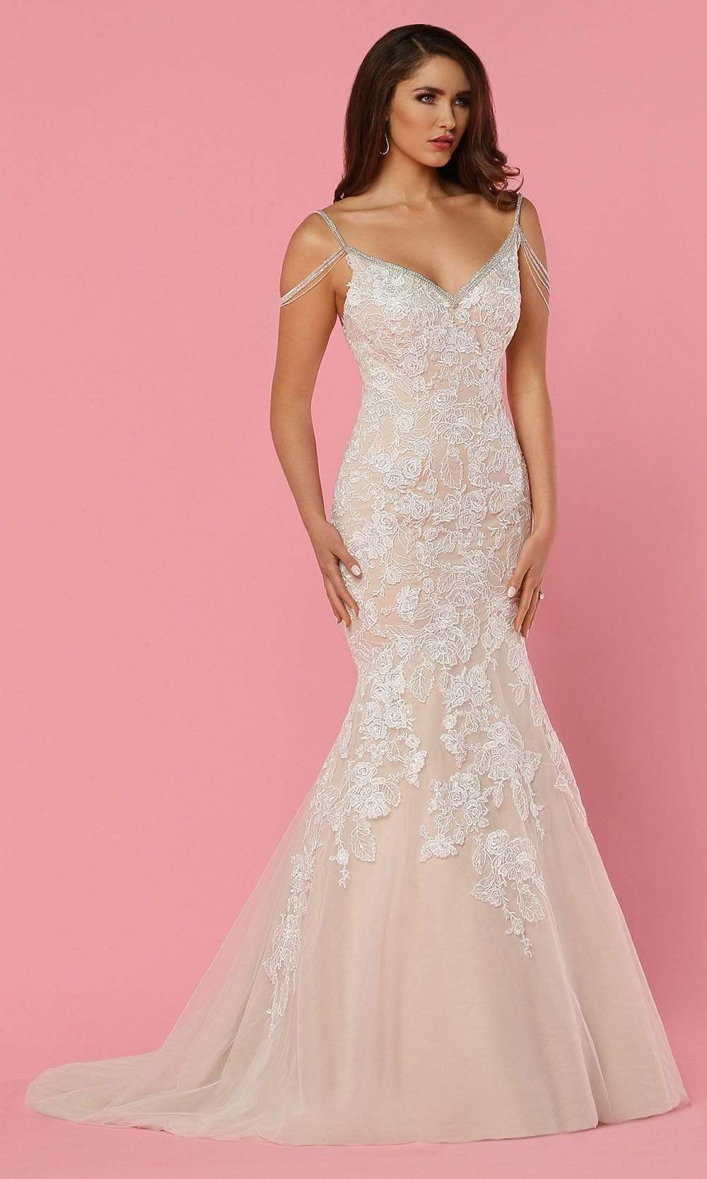 Da Vinci - Bead-Draped Lace Trumpet Bridal Dress 50462SC In White and Neutral