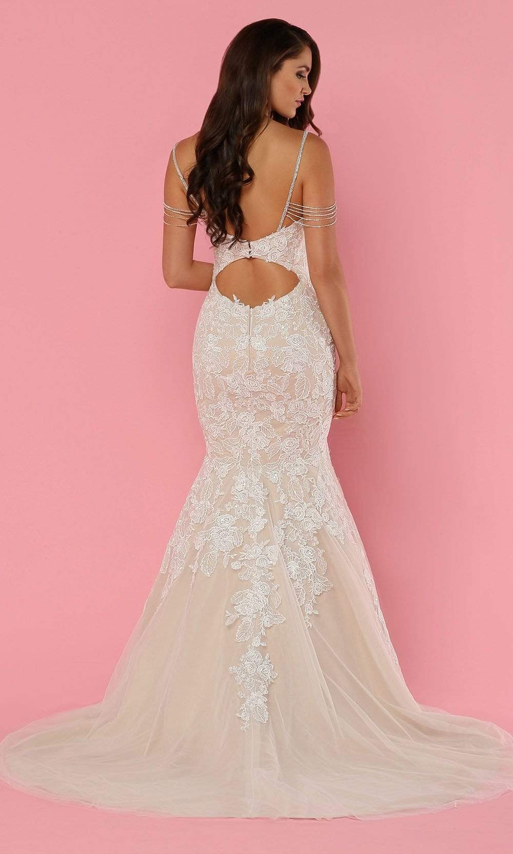 Da Vinci - Bead-Draped Lace Trumpet Bridal Dress 50462SC In White and Neutral