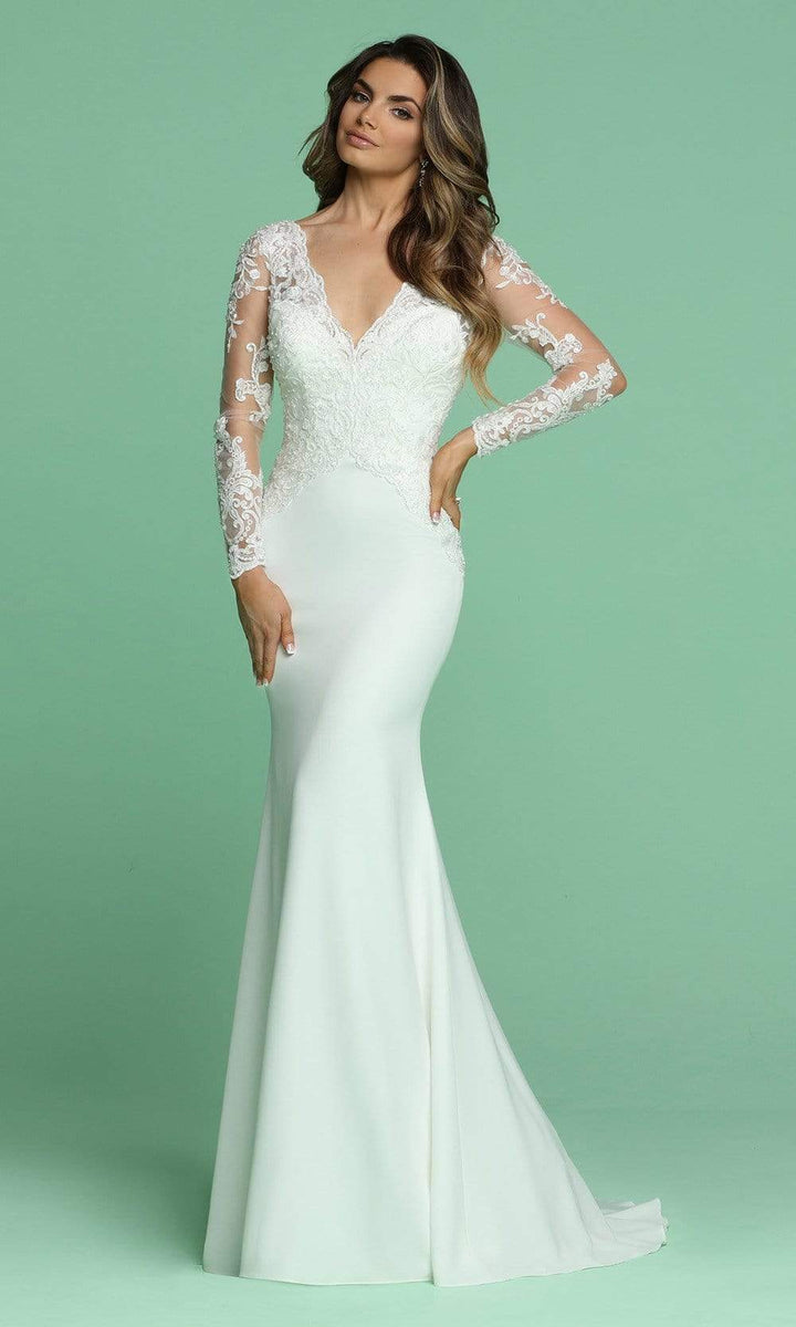 Da Vinci Bridal - Lace Appliqued V-Neck Bridal Dress 50610 In White