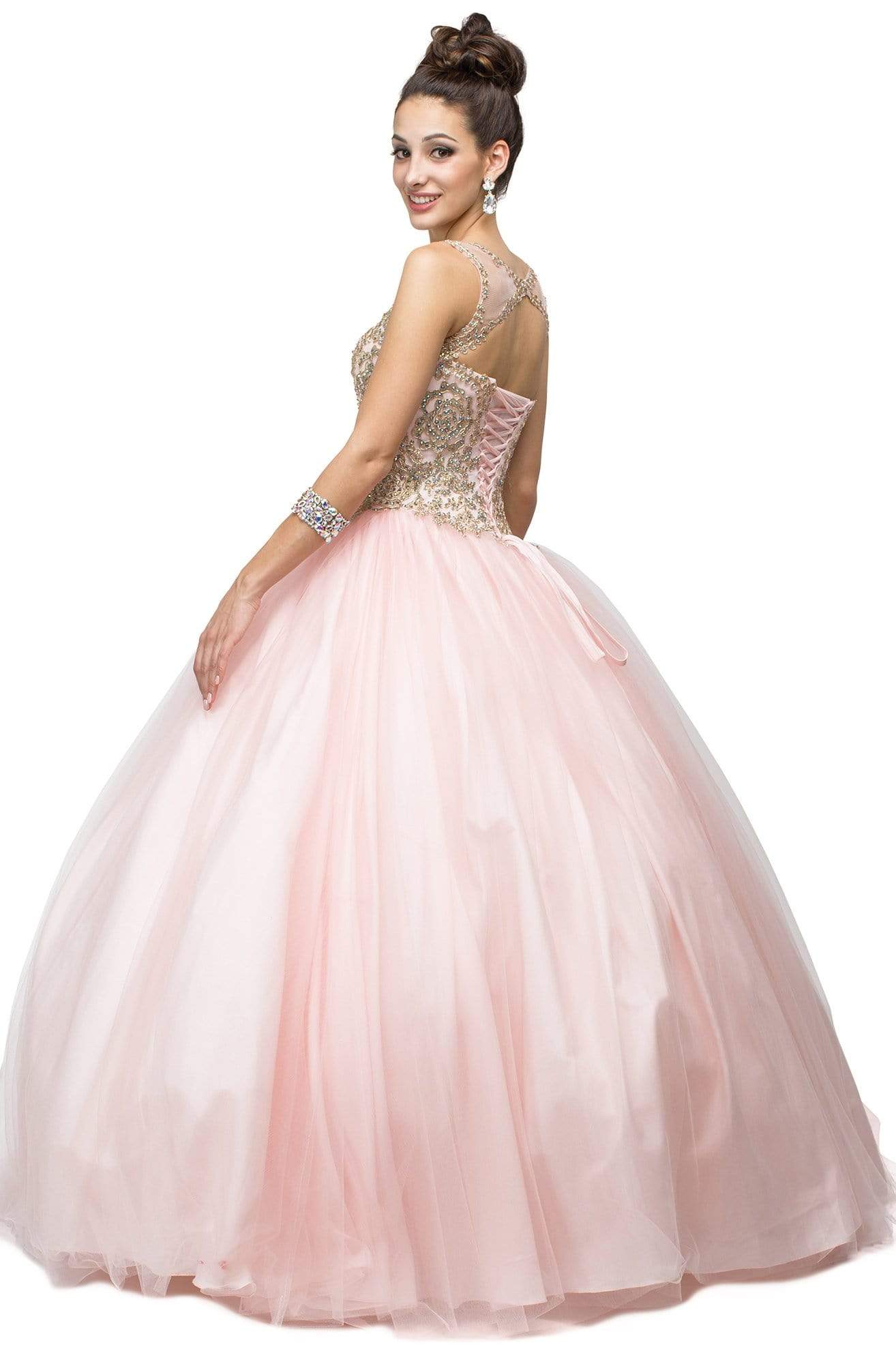 Dancing Queen - 1101 Gold Embroidered Illusion Neck Formal Ball Gown Quinceanera Dresses XS / Blush