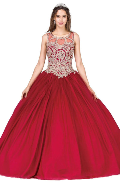 Dancing Queen - 1101 Gold Embroidered Illusion Neck Formal Ball Gown Quinceanera Dresses XS / Burgundy