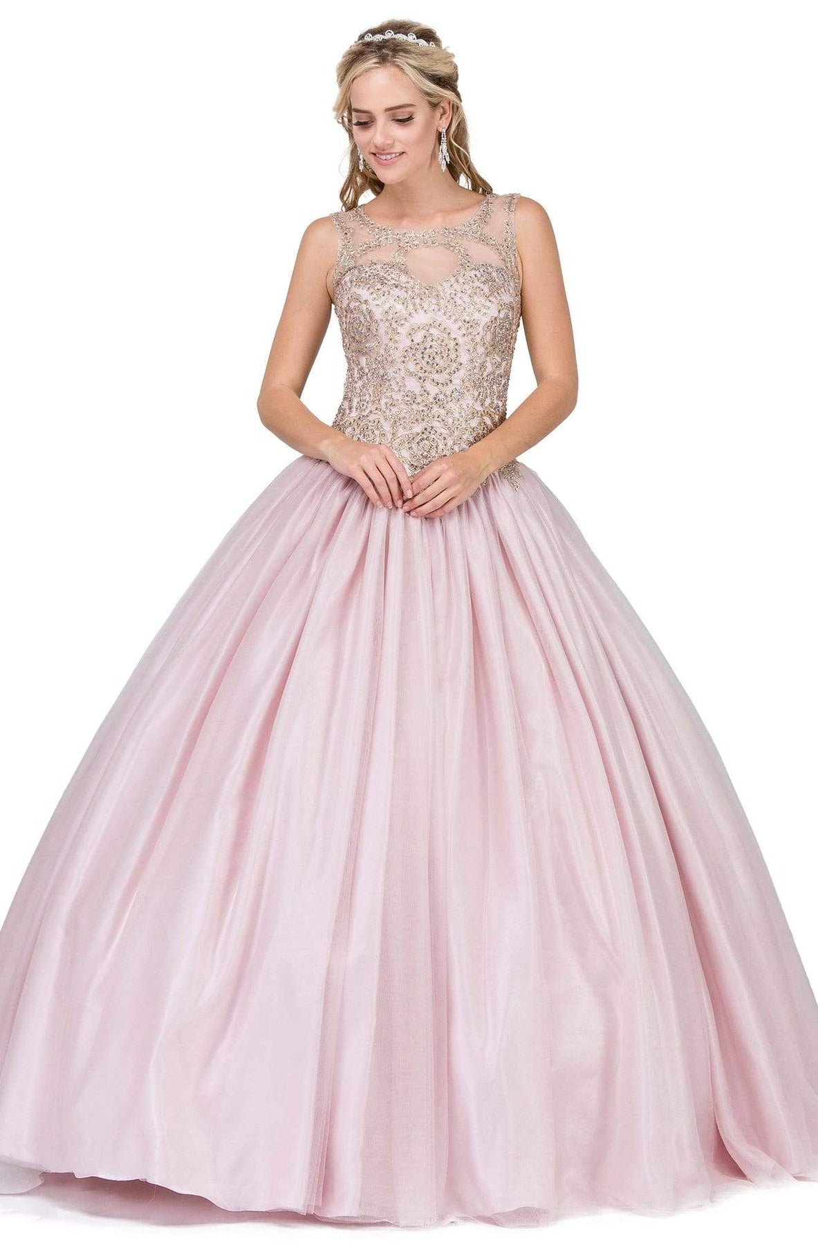 Dancing Queen - 1101 Gold Embroidered Illusion Neck Formal Ball Gown Quinceanera Dresses XS / Dusty Pink