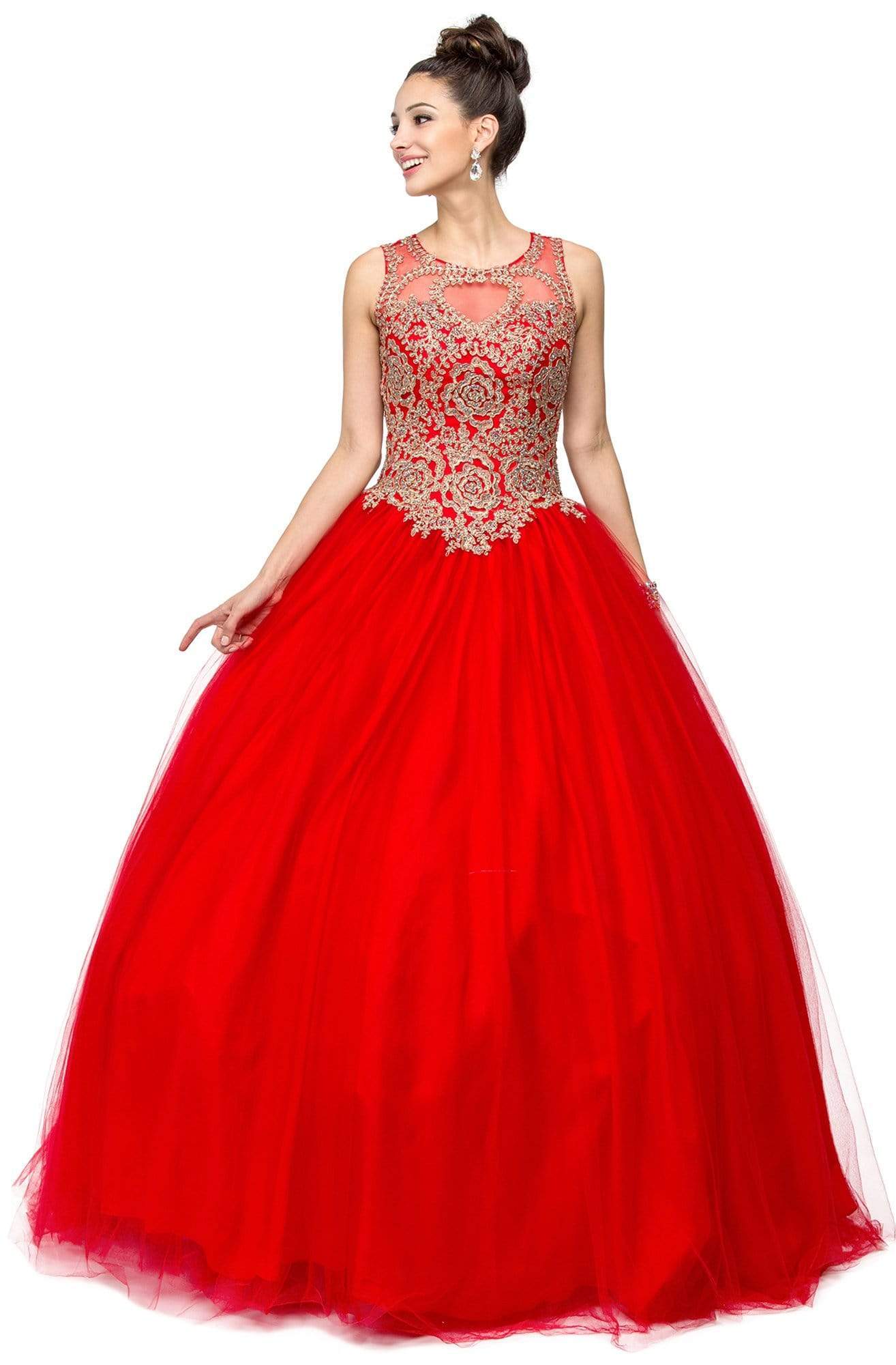 Dancing Queen - 1101 Gold Embroidered Illusion Neck Formal Ball Gown Quinceanera Dresses XS / Red