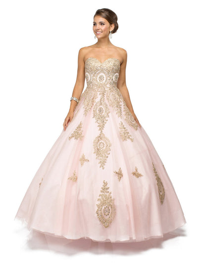 Dancing Queen - 1105 Strapless Sweetheart Gilt Appliqued Prom Ball Gown Sweet 16 Dresses XS / Blush