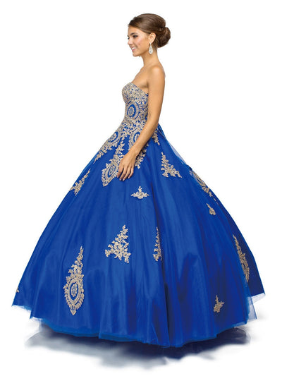 Dancing Queen - 1105 Strapless Sweetheart Gilt Appliqued Prom Ball Gown Sweet 16 Dresses XS / Royal Blue
