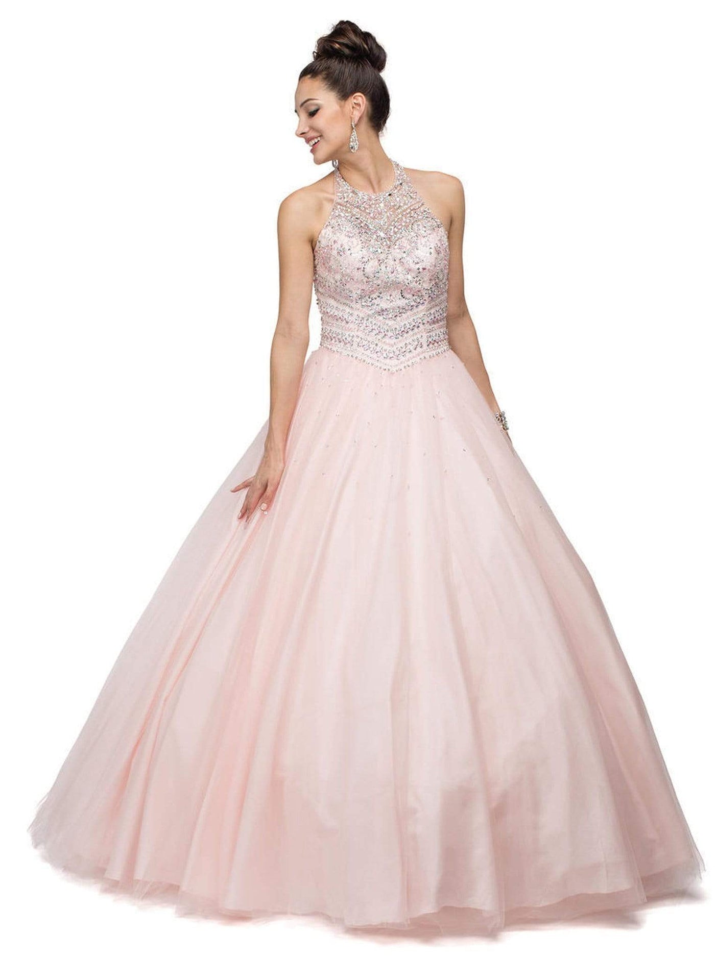 Dancing Queen - 1107 Sleeveless Beaded Halter Quinceanera Gown Special Occasion Dress XS / Blush
