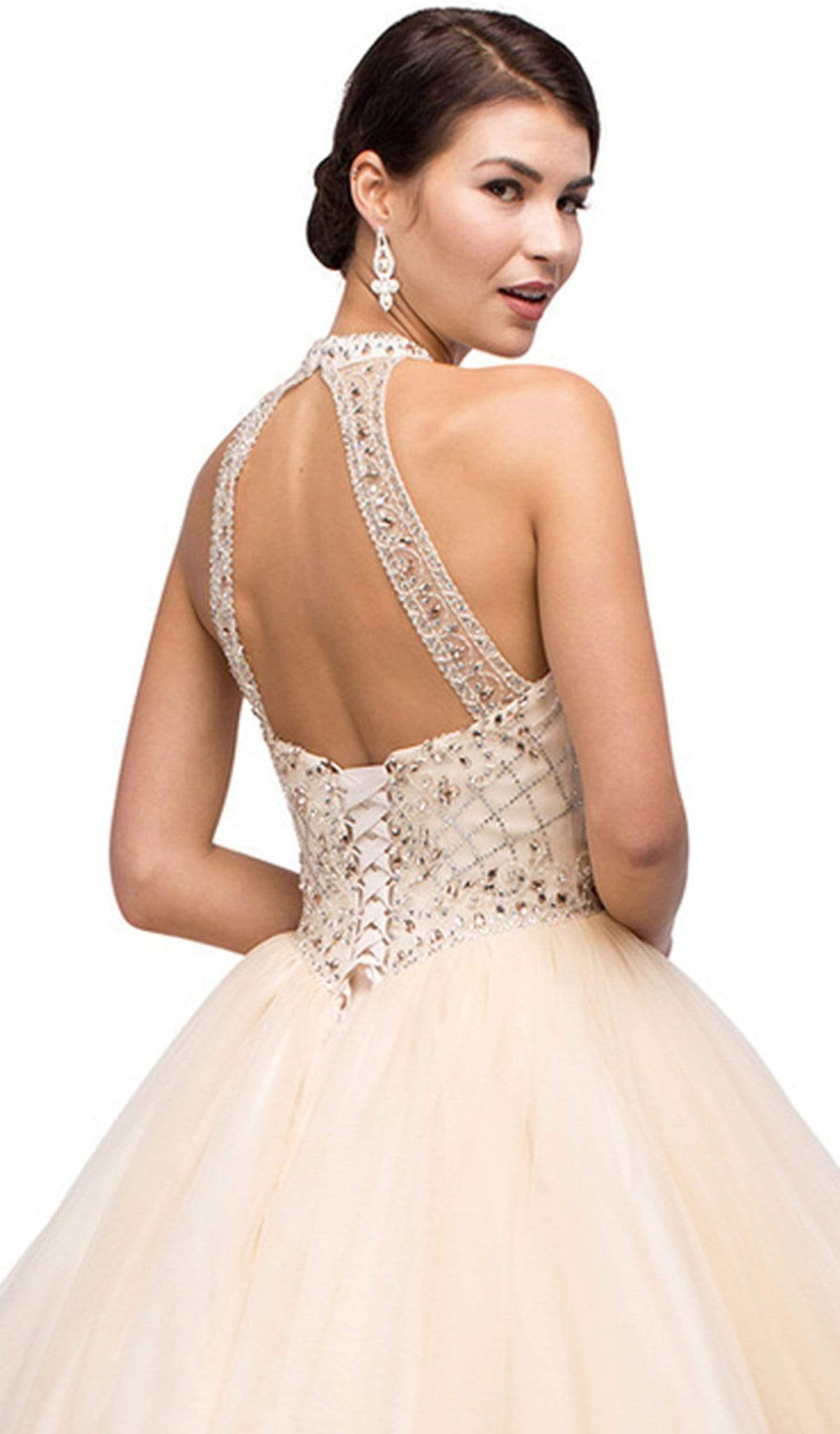 Dancing Queen - 1136 Illusion Halter Beaded Quinceanera Gown Quinceanera Dresses L / Champagne