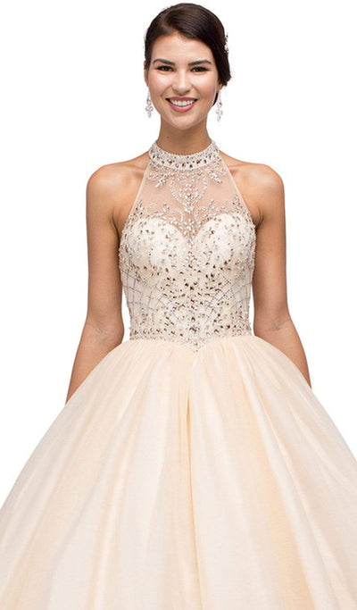 Dancing Queen - 1136 Illusion Halter Beaded Quinceanera Gown Quinceanera Dresses M / Champagne