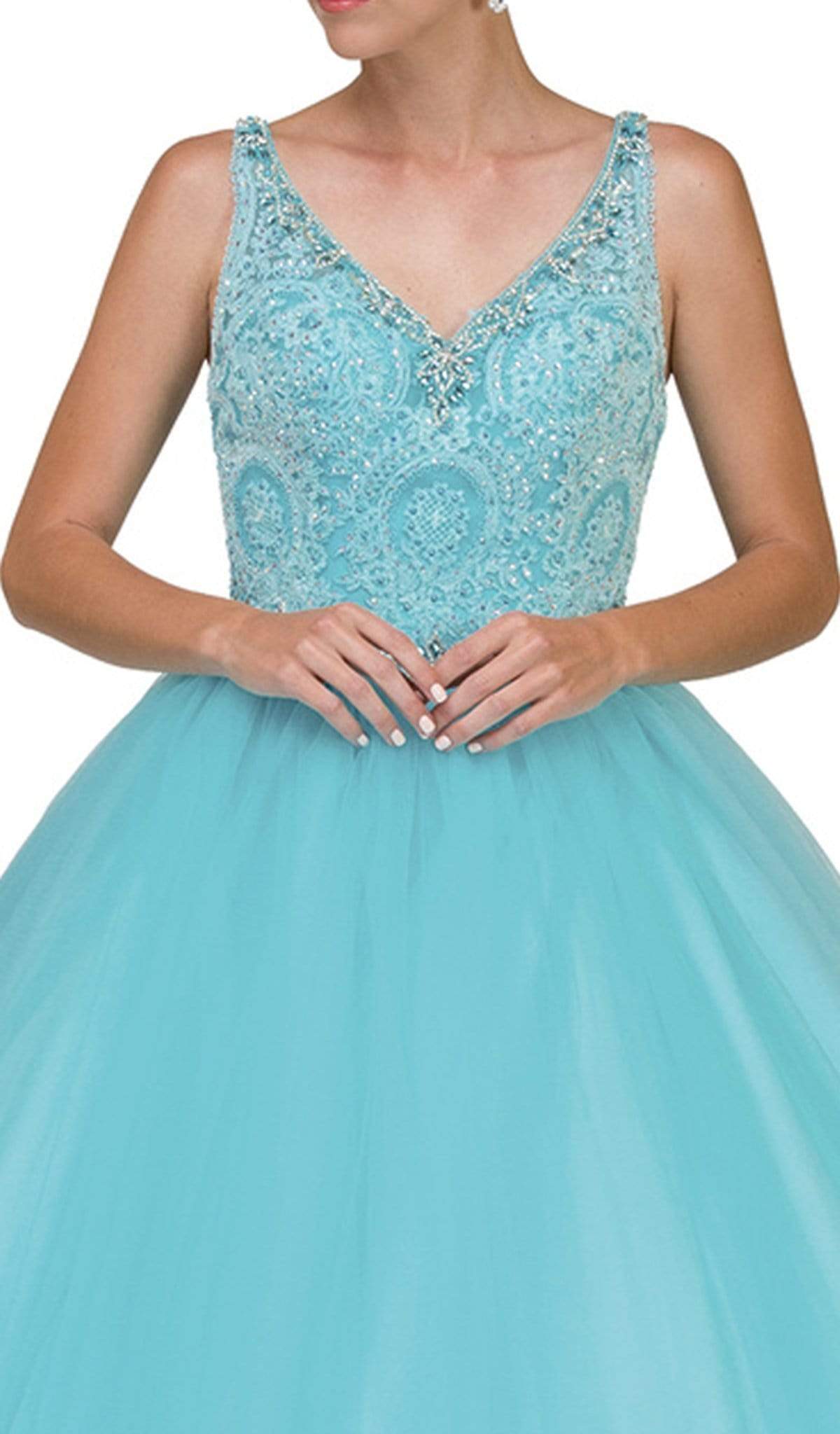 Dancing Queen - 1161 V-Neck Beaded Lace Quinceanera Ball Gown Special Occasion Dress