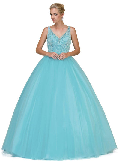 Dancing Queen - 1161 V-Neck Beaded Lace Quinceanera Ball Gown Special Occasion Dress XS / Baby Blue