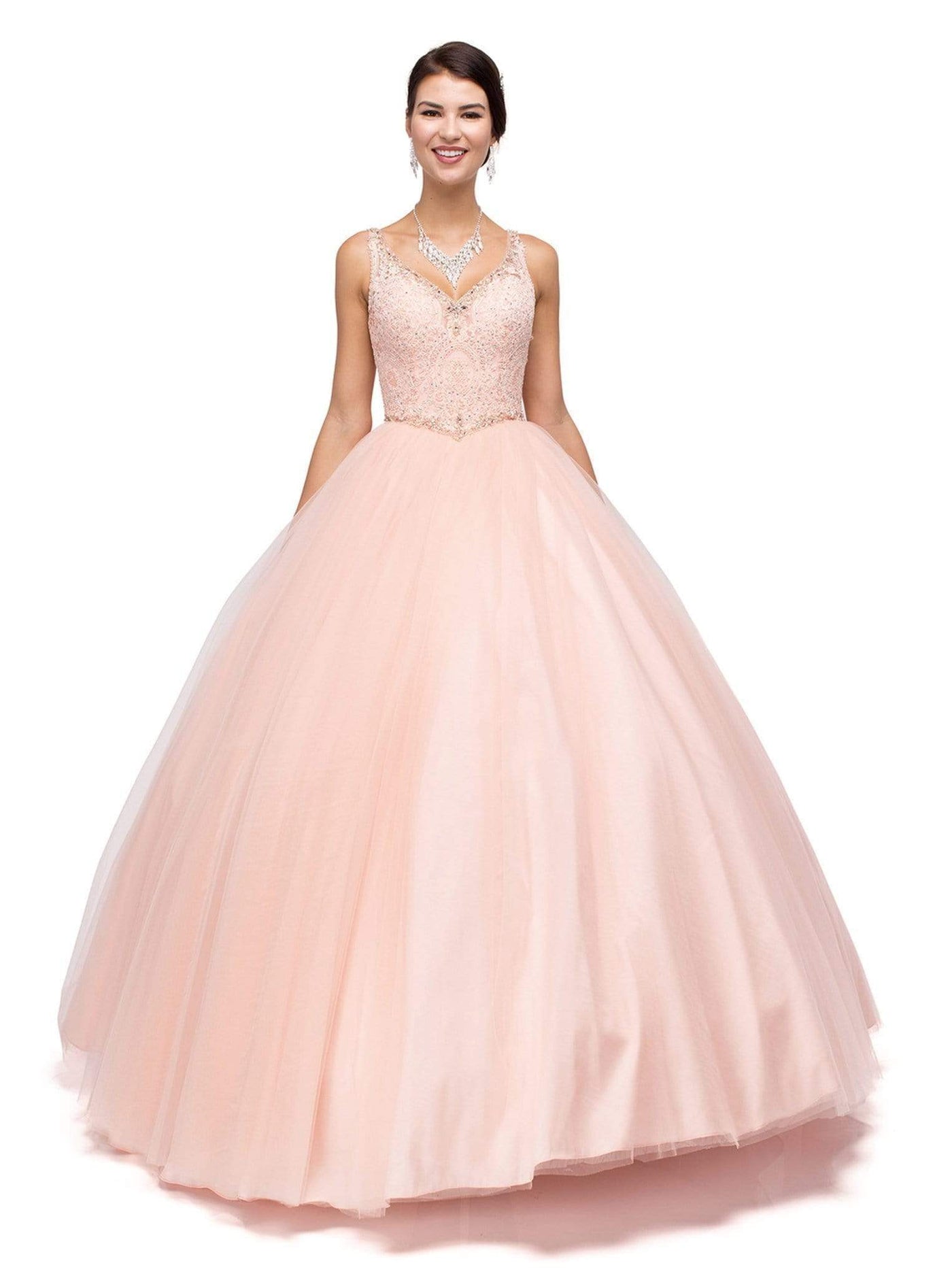 Dancing Queen - 1161 V-Neck Beaded Lace Quinceanera Ball Gown Special Occasion Dress XS / Blush