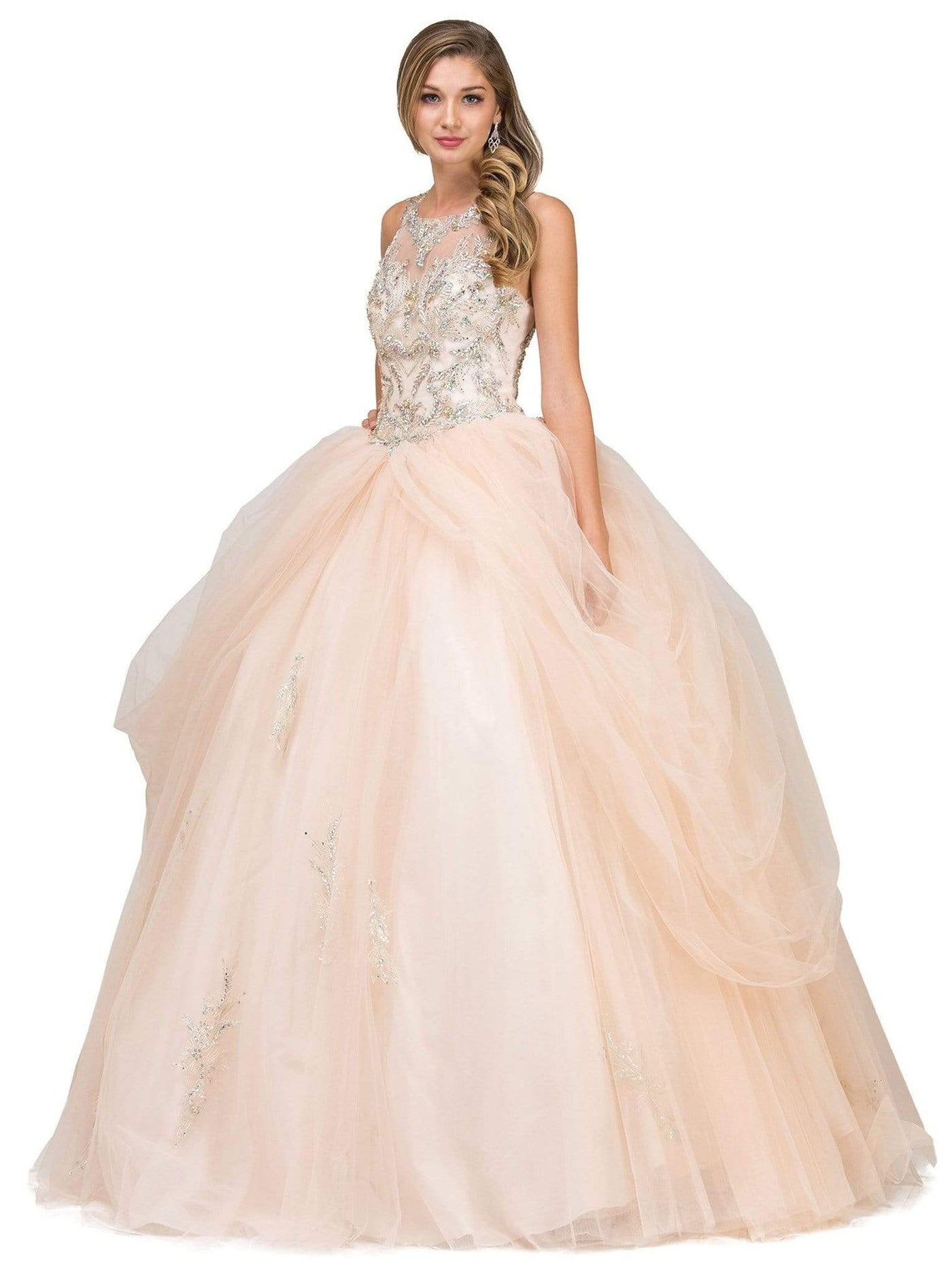 Dancing Queen - 1179 Jeweled Draped Illusion Ballgown Special Occasion Dress XS / Champagne