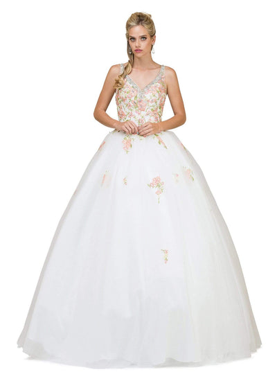 Dancing Queen - 1187 Floral Applique V-neck Quinceanera Ballgown Sweet 16 Dresses XS / White