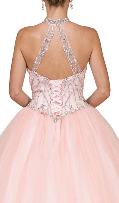 Dancing Queen - 1197 Jeweled Illusion Halter Quinceanera Ballgown Special Occasion Dress L / Blush
