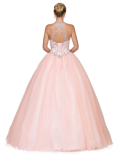 Dancing Queen - 1197 Jeweled Illusion Halter Quinceanera Ballgown Special Occasion Dress M / Blush