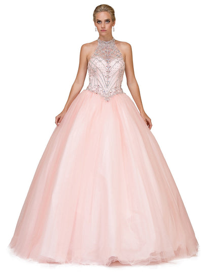 Dancing Queen - 1197 Jeweled Illusion Halter Quinceanera Ballgown Special Occasion Dress XS / Blush