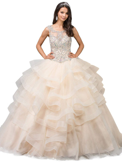 Dancing Queen - 1214 Crystal Embellished Ruffled Quinceanera Gown Special Occasion Dress XS / Champagne