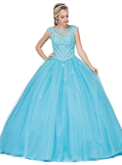 Dancing Queen - 1223 Cap Sleeve Beaded Applique Ballgown Special Occasion Dress XS / Turquoise