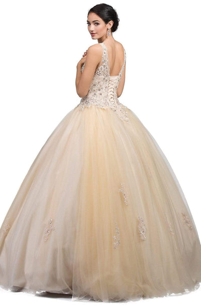Dancing Queen - 1228 Illusion Bateau Neck Beaded Lace Quinceanera Gown Quinceanera Dresses