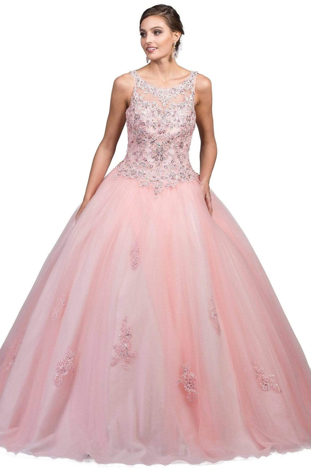 Dancing Queen - 1228 Illusion Bateau Neck Beaded Lace Quinceanera Gown Quinceanera Dresses XS / Blush