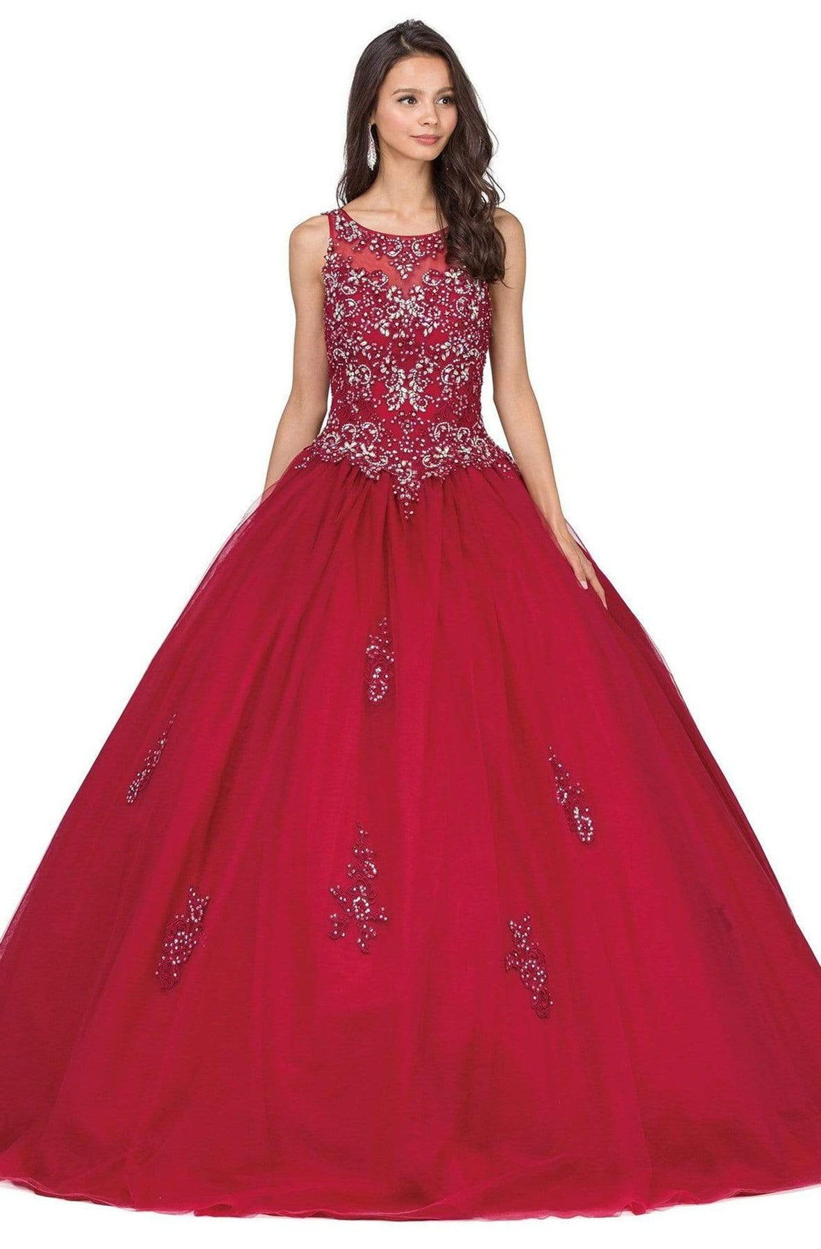 Dancing Queen - 1228 Illusion Bateau Neck Beaded Lace Quinceanera Gown Quinceanera Dresses XS / Burgundy