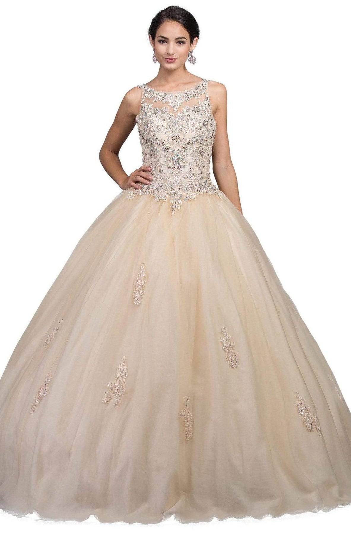 Dancing Queen - 1228 Illusion Bateau Neck Beaded Lace Quinceanera Gown Quinceanera Dresses XS / Champagne