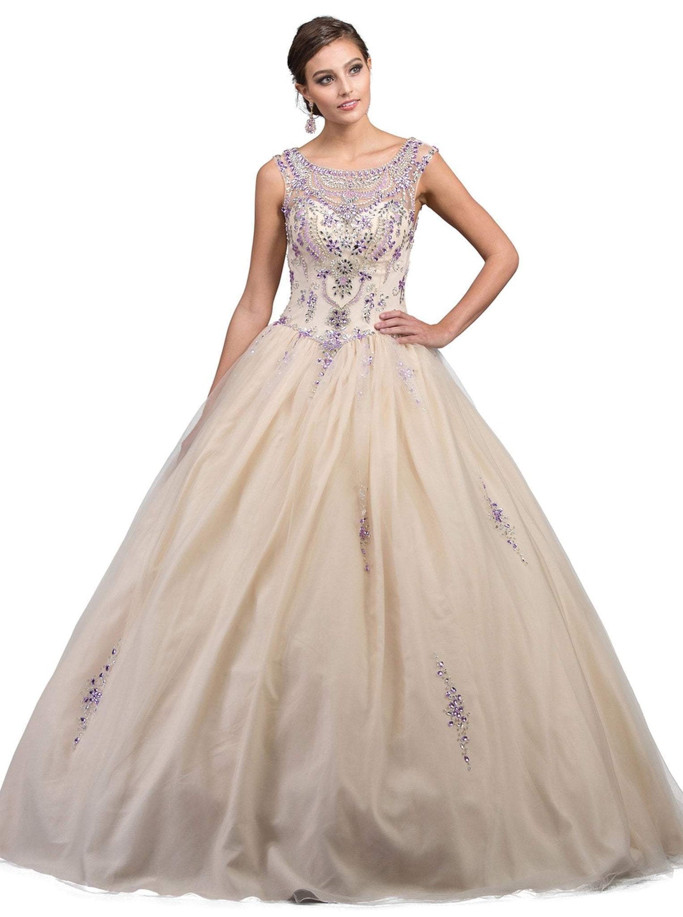 Dancing Queen - 1232 Bejeweled Illusion Bateau Quinceanera Ballgown Special Occasion Dress XS / Champagne