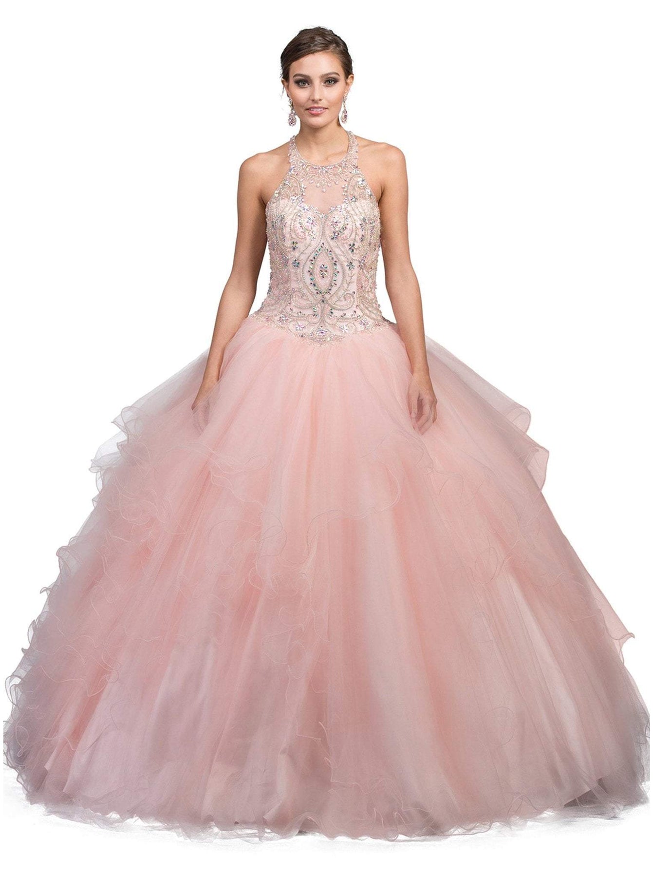 Dancing Queen - 1245 Bedazzled Halter Quinceanera Ballgown Special Occasion Dress XS / Blush