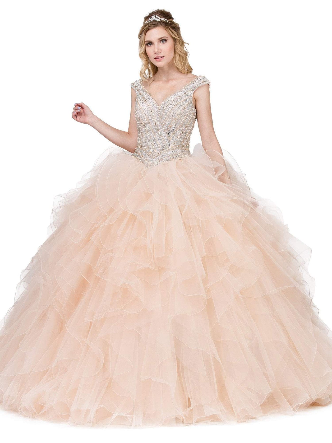 Dancing Queen - 1273 Crystal Adorned Cap Sleeve Quinceanera Ballgown Special Occasion Dress XS / Champagne