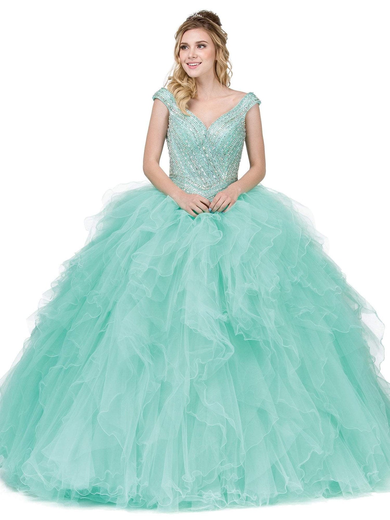 Dancing Queen - 1273 Crystal Adorned Cap Sleeve Quinceanera Ballgown Special Occasion Dress XS / Mint